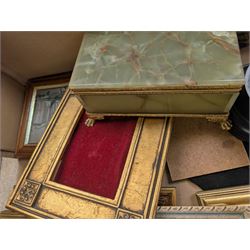 Brass easels, onyx box, frames, costume jewellery, pen nibs, etc, in two boxes