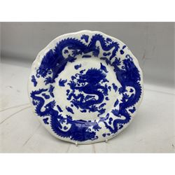 Willow pattern twin handled dish and english 19th C plate 