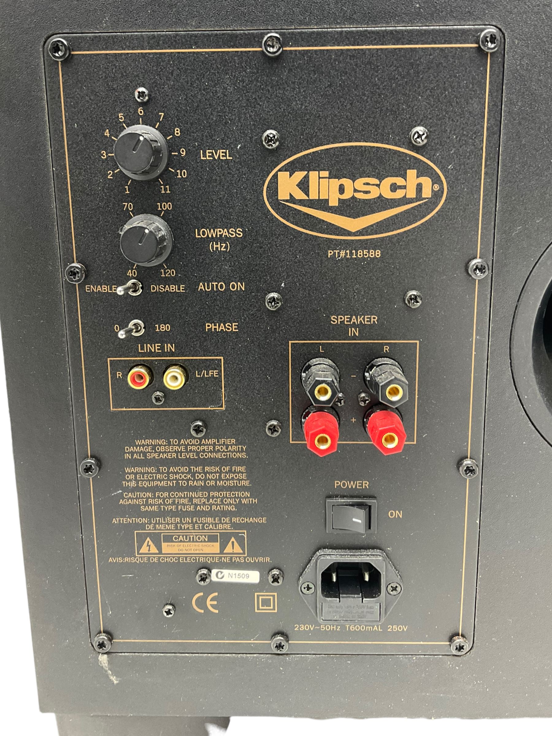 Klipsch surround sound speaker system, including two three way floor standing SF2BLK speakers, two SS1 speakers on stands, a KSW10 sub woofer, Pioneer amplifier and DVD/CD player