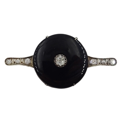  Art Deco Black onyx and old cut diamond rose gold bar brooch retailed Heming & Co, London in original case   