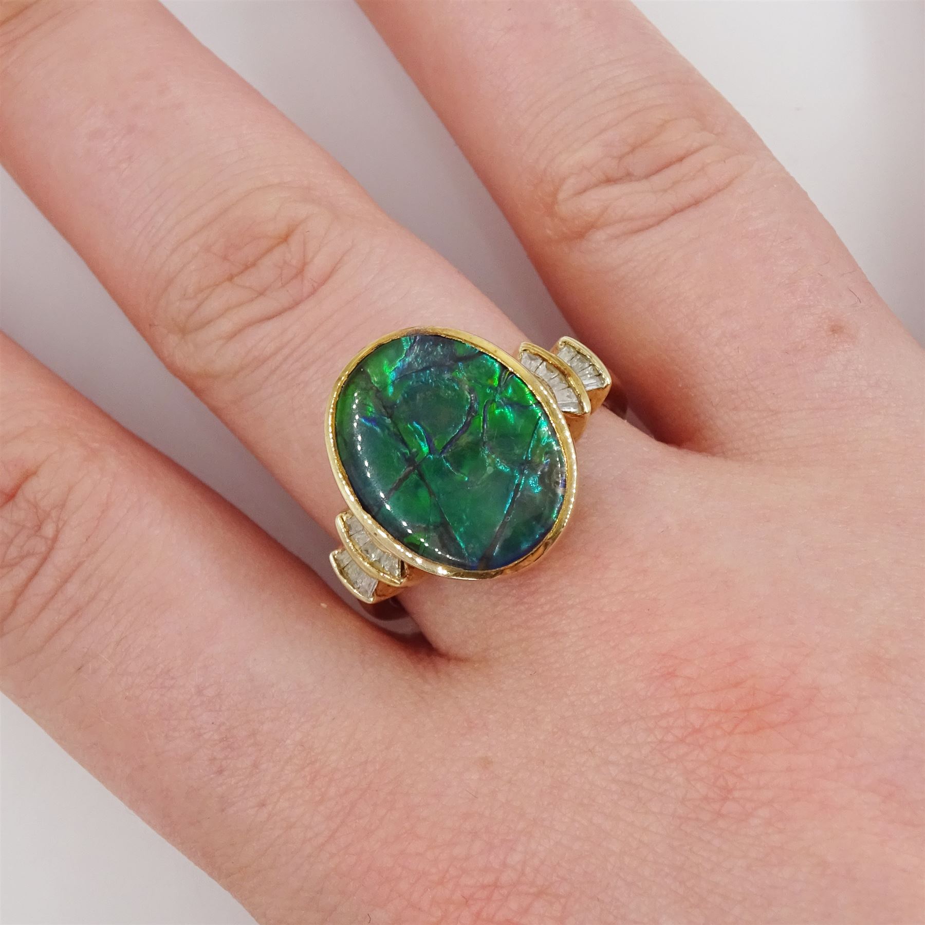 9ct gold ammolite ring, with tapered baguette cut diamond shoulders, hallmarked