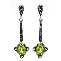 Pair of silver peridot and marcasite pendant earrings, stamped 925