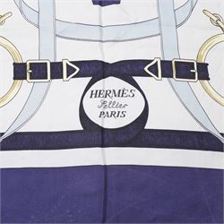 Hermès - ‘Éperon d’Or’ silk scarf, designed by Henri d’Origny, first issued 1974, navy, pale blue, ivory and gold colourway with hand-rolled edges