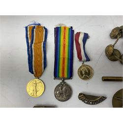 WW1 pair of medals comprising British War Medal and Victory Medal awarded to 24085 Sjt. J. Hazle Durh. L.I.; together with Durham Light Infantry cap and collar badges, shoulder titles, buttons etc; various royalty commemorative medallions etc