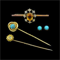 Victorian and later gold jewellery including citrine and seed pearl brooch, turquoise stic...