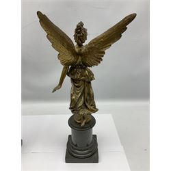 After Oswald Schimmelpfennig (German, 1872-1939): Pair of gilt bronze winged Allegorical female figures, the first example with arm outstretched holding a branch, signed 'Schimmelpfennig 1900', the second with arm raised above her head holding a book and sword in the other, both raised upon marble plinths, H45cm