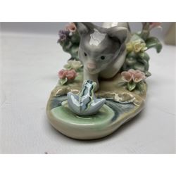 Six Lladro figures, comprising Naughty Dog no 4982, Best Friend 7620 and My Buddy no 7609, Kitty Confrontation no 1442, It Wasn't Me no 7672 and Rabbit Eating no 4772, three with original boxes, largest example H22cm