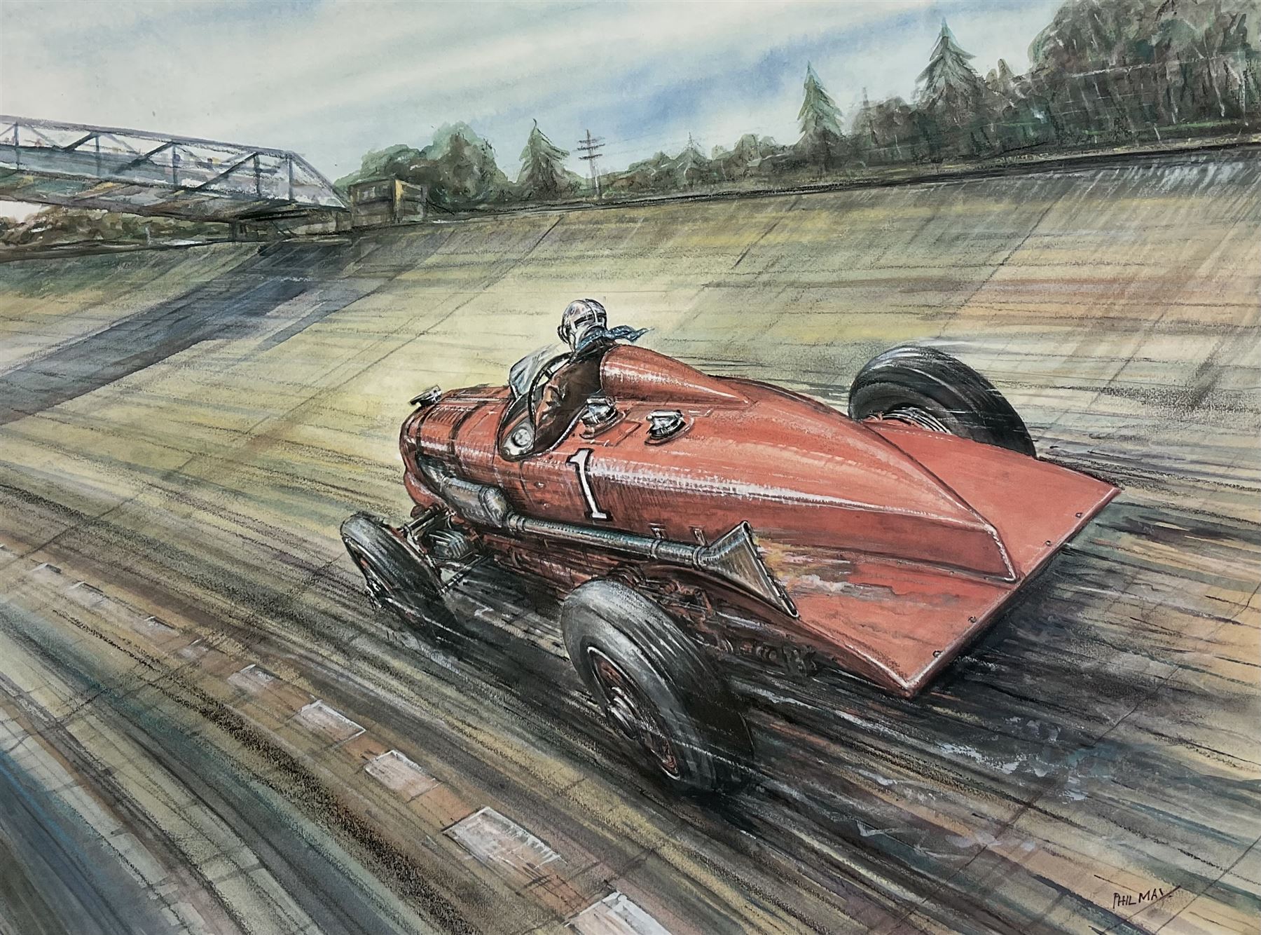 Phil May (British 1925-): 'Full Throttle' depicting Sir Henry (Tim) Birkin BT taking the outer-circuit lap record, Brooklands 1932, limited edition colour print signed and numbered 2/500 in pencil 34cm x 44cm