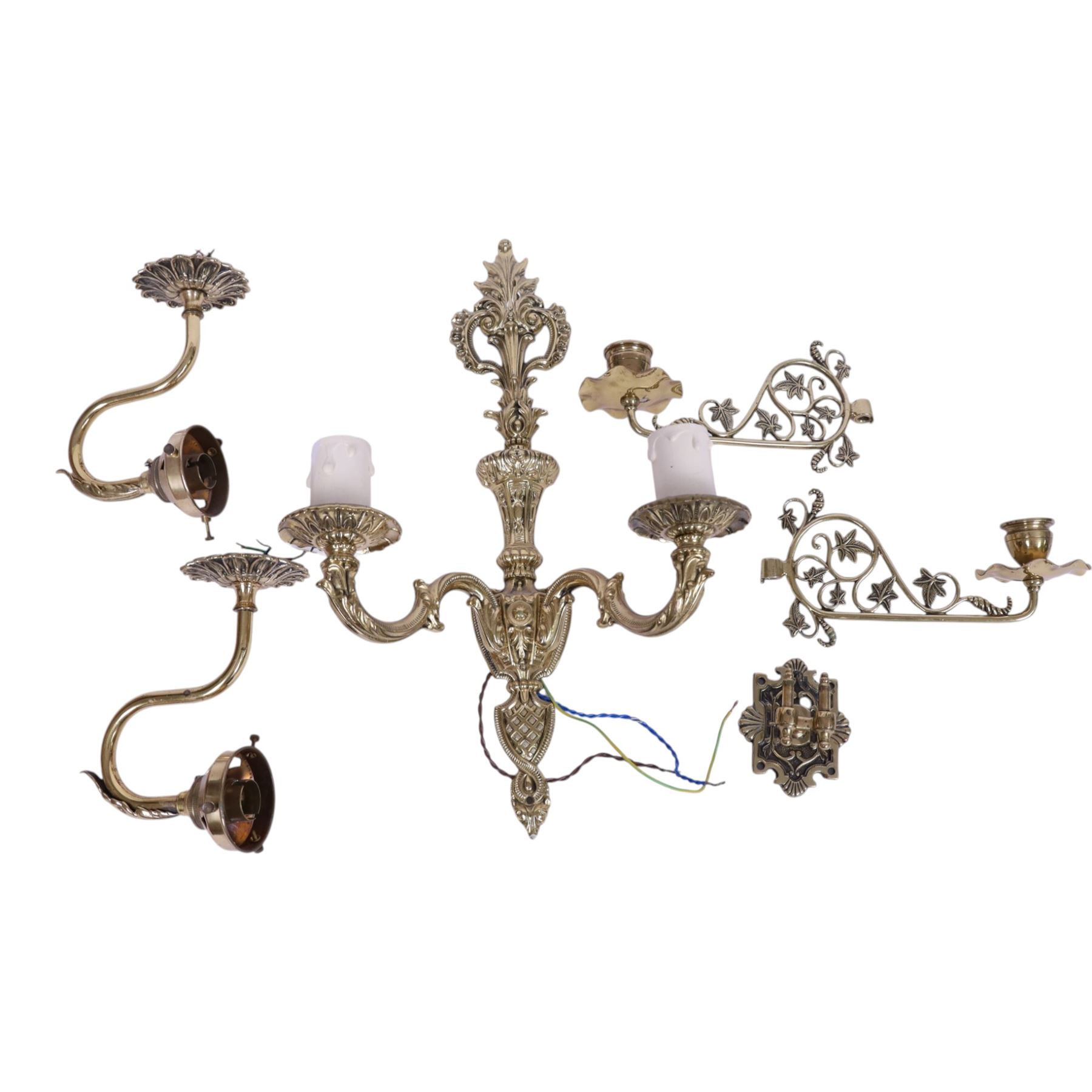 Victorian brass candlestick wall sconce, together with pair of brass wall lights and one other 
