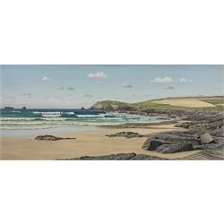 GA Garceau (Cornish 20th century): 'Booby's Bay - Trevose Head Cornwall', oil on canvas signed, titled and dated 1991 verso 40cm x 90cm