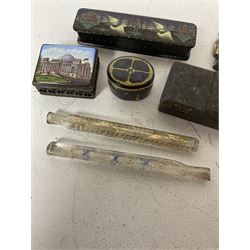 Two 19th century glass tear catcher lachrymatory bottles, together with a Japanese lacquered box and two similar, a trinket box with ceramic cover and a small pewter figure of Confucius