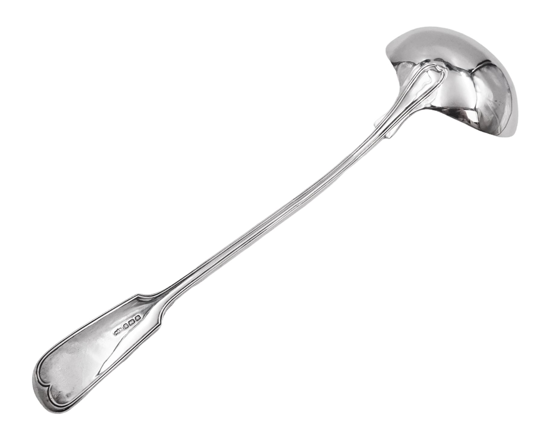 Late Victorian silver Fiddle thread pattern soup ladle, hallmarked Mappin & Webb Ltd, Sheffield 1898, 9.60 ozt (298.6 grams)