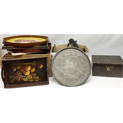 Collection of wooden trays three painted with still life decoration, a wooden box, wooden planes, together with vintage metal tins and other metalware, three boxes  