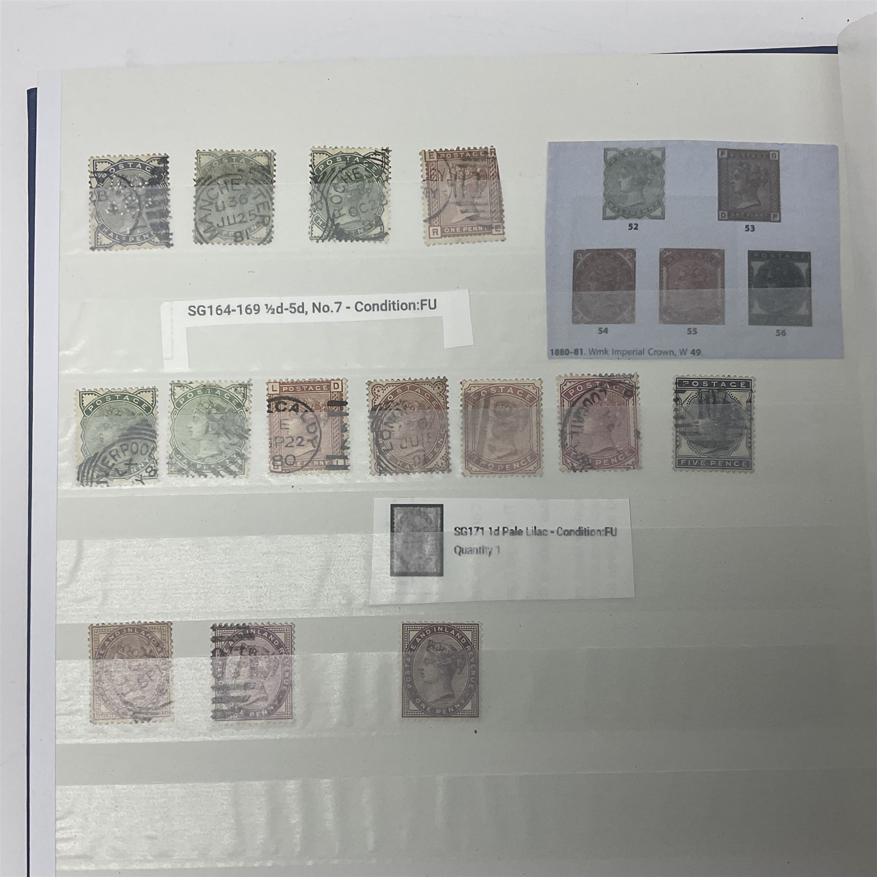 Queen Victoria and later mostly Great British stamps, including 1856 one shilling, 1870 half penny 'bantam', various 1862-64 issues etc, housed in a blue stockbook