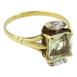 18ct gold three stone emerald cut pale green beryl and marquise shaped diamond ring, Sheffield 1995