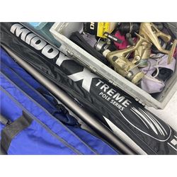 Fishing equipment, comprising reels to include Daiwa No.7300, boxed, Quick GLX 840, Quantum Heat BCS 350, okuma etc, together with various tackle, various poles, split canes and rods to include Middy Xtreme, Shakespeare Quo Carp, etc, many in bags