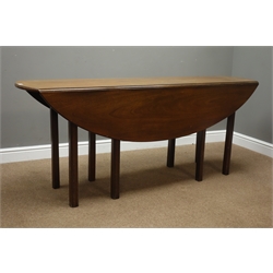  18th century style mahogany wake table, oval drop leaf top, quadruple gate leg action base, square moulded supports, 181cm x 113cm, H74cm  
