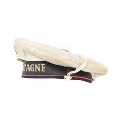 WWII French Navy Bachi, FFL cap with summer whites cover and scarce Cuirasse Bretagne, cap tally, dated 1944 on liner band
The Cuirasse Bretagne French battleship was sank by the British Navy 
