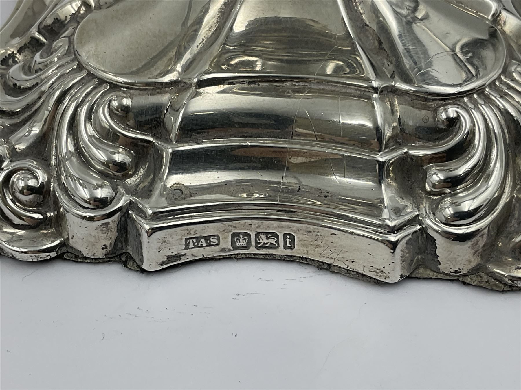 Pair of late Victorian silver mounted candlesticks, each of knopped and part fluted form, upon square stepped base with anthemions to each corner, with conforming sconces, hallmarked to removable sconces and foot, Thomas A Scott, Sheffield 1901, H25.2cm