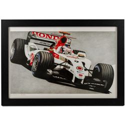Four Formula 1 racing prints by Nik Curry, all within black frames, largest H38cm, W58cm