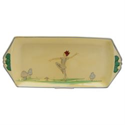 Susie Cooper Puck pattern twin-handled tray and four serving plates, decorated with a dancing figure and toadstools, tray L32cm plates D13cm