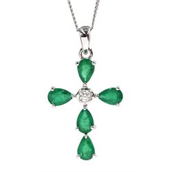 White gold emerald and diamond cross pendant, stamped 14K, on silver chain, total emerald weight approx 1.95 carat
