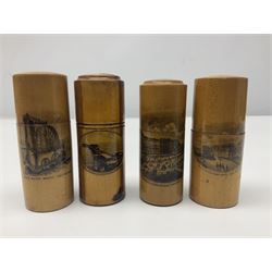 Collection of Mauchline ware relating to sewing, to include four ovoid shaped thimble cases, hinged lid thimble case and needle cases (12) 