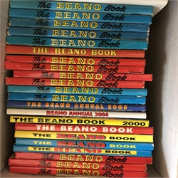  The Beano Annual for 1973, 78, 80-83, 84(2), 85(2), 86(2), 87, 90, 91(2), 98(2), 99(2), 2000(2), 2004-05, two Dandy and Beano books, five 1980's comics, two Quaker Oats Historic Arms of Merrie England sticker books and a collection of Royal Souvenir and other Commemorative newspapers   