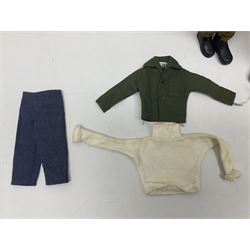 Palitoy Action Man Action Soldier No.34014 with tunic, belt, trousers, boots, blue beret and sten gun; in original box; and Palitoy Action Man Royal Military Policeman (RMP) gripping hands figure, marked 'Made in England by Palitoy under licence from Hasbro © 1964' to rear of torso; with tunic, shirt, trousers, tie, boots, belt, truncheon, pistol in holster, MP armband, red cap, Sterling machine gun and other clothing etc; in anrelated display box (2)