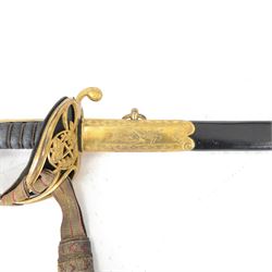 British William IV 1822 pattern Infantry General sword, retailed by John Salter cutler to Horatio Nelson and Prince Augustus Fredrick, Duke of Sussex, the 73cm curved pipe backed blade etched to both sides, with the royal monogram and the owners coat of arms and initials 'GD, brass gothic guard with original gilding, the cartouche of the crossed baton depicting the crossed baton and sword of a general, shagreen covered grip and triple wire binding, the guard complete with leather lining and gilt sword knot, in leather scabbard with three gilt brass mounts, the top mount bearing the cutlers name and address, with twin suspension rings, overall L89cm  