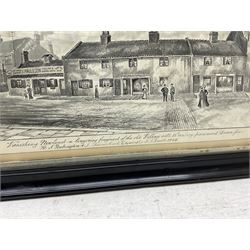 Frederick Schultz Smith (Hull 1860-1925): 'Vanishing Newland' - Hull Street Scene, monochrome watercolour and ink signed, titled extensively inscribed and dated 1908 along the bottom edge 22cm x 40cm 
Notes: Born in Worthing, Sussex in 1860, F S Smith came to Hull as a small child and lived most of his life in the old St. John's Wood area in west Hull; he was still drawing in his sixties shortly before his death in 1925. Much like his near contemporary and fellow Yorkshire artist Albert Thomas Pile (1882-1981), his drawings are visual 'snapshots' in time, often produced to record buildings that were due to be demolished. Smith was commissioned to produce around three hundred drawings for C E Fewster, a paint maker in Hull who collected historical records. Some were also used as illustrations in books and newspapers, such as the Eastern Morning News, whilst others were sold to the owners of premises which he had drawn.