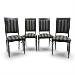 Italian Neoclassical inspired ebonised gloss dining table with four matching chairs,  circular top with additional leaf (Extends to  145cm) with Greek key banding, on a shaped pedestal base with gilt highlights and stepped plinth, the chairs en suite with padded back and seat with Greek key, reeded front supports