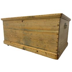 Victorian pine blanket box, hinged lid, fitted with carrying handles, on castors