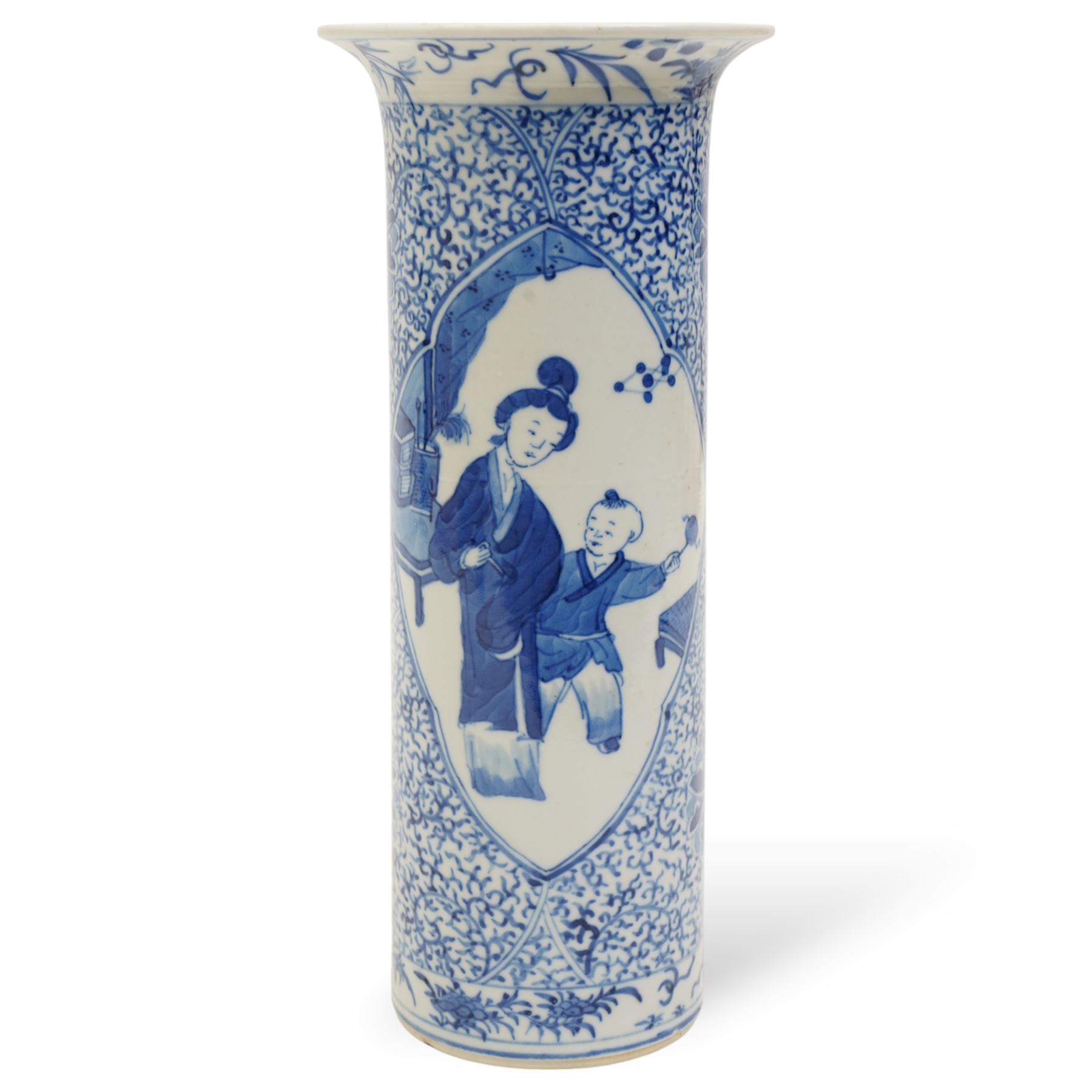 19th century Chinese sleeve vase decorated in blue and white with panels of mother and child within a floral and scroll surround, four character Kangxi mark H27cm