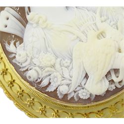 Victorian fine cameo brooch depicting Cupid and Psyche, in 18ct gold Etruscan Revival gold wirework mount, the reverse indistinctly signed Lamary, in original fitted silk and velvet lined case