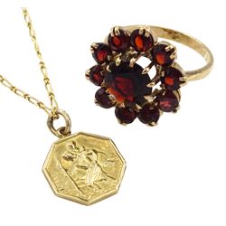 Gold garnet cluster ring and a gold St. Christopher's pendant necklace, all hallmarked 9ct