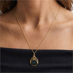 Gold bloodstone and agate opening swivel fob, with knot decoration, Birmingham 1990, on a gold belcher link chain necklace, both 9ct