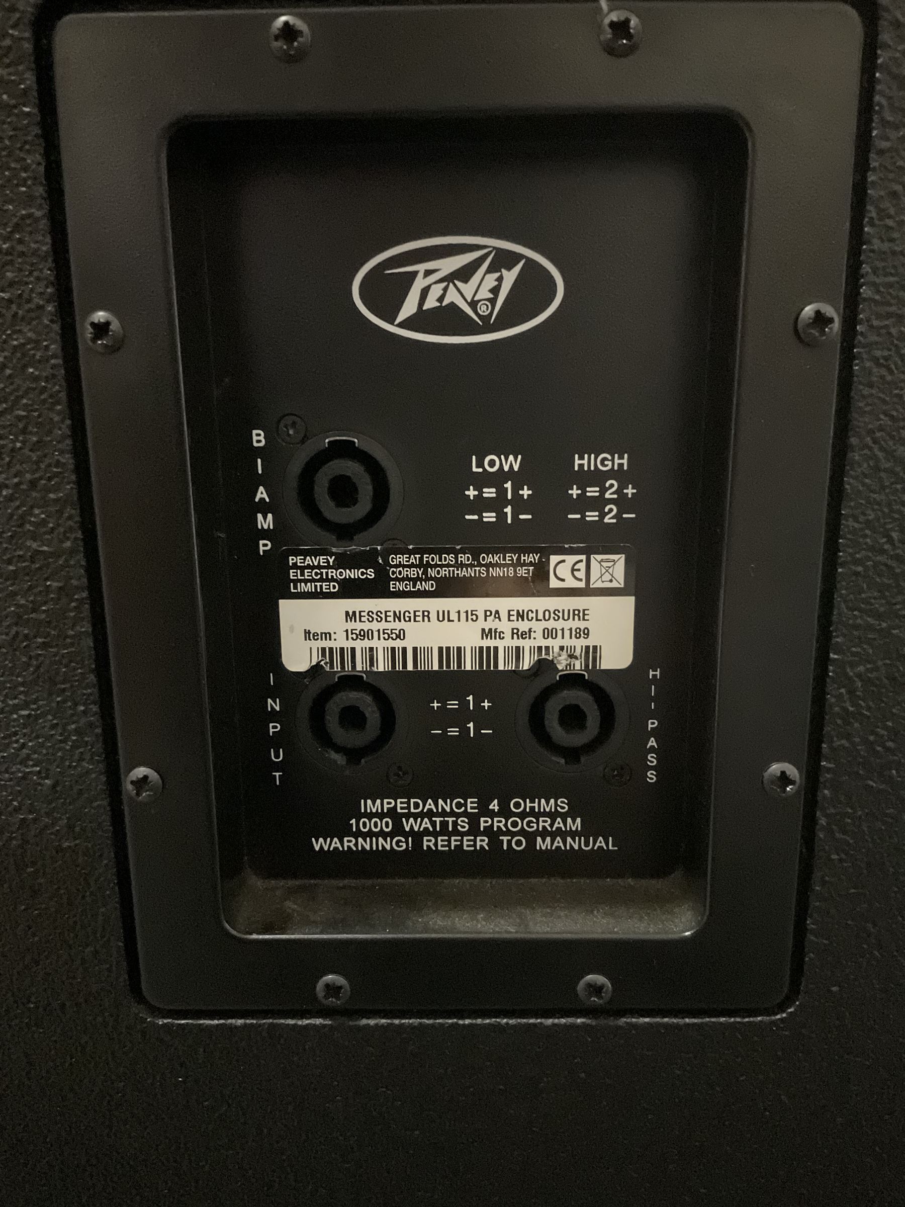 Peavey XR-696F 1200W Amplifier, serial no.K0241228, L47cm; with two Peavey UL bass bins L56cm and two Peavey top speakers L45cm with connecting rods; all with covers; and quantity of heavy duty cables, two microphone cables and microphone stand