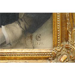 English School (20th century): Portrait of a Seated Victorian Gentleman, oil on board signed with monogram CS and dated 1854, 34cm x 27cm