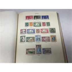 Single album collection of King George VI stamps, including Aden, Antigua, Ascension, Australia, Bahamas, Bahrain, Barbados, Basutoland, Bechuanaland, Bermuda, British Solomon Islands, Brunei, Burma, Cayman Islands, Dominica, Falkland Islands, Gambia, Gilbert and Ellice Islands, Gold Coast, Great Britain 1939-48 set to one pound including ten shilling dark blue, Grenada, Hong Kong, India, Ireland, Jamaica, Leeward Islands, Malta, Mauritius, New Zealand etc