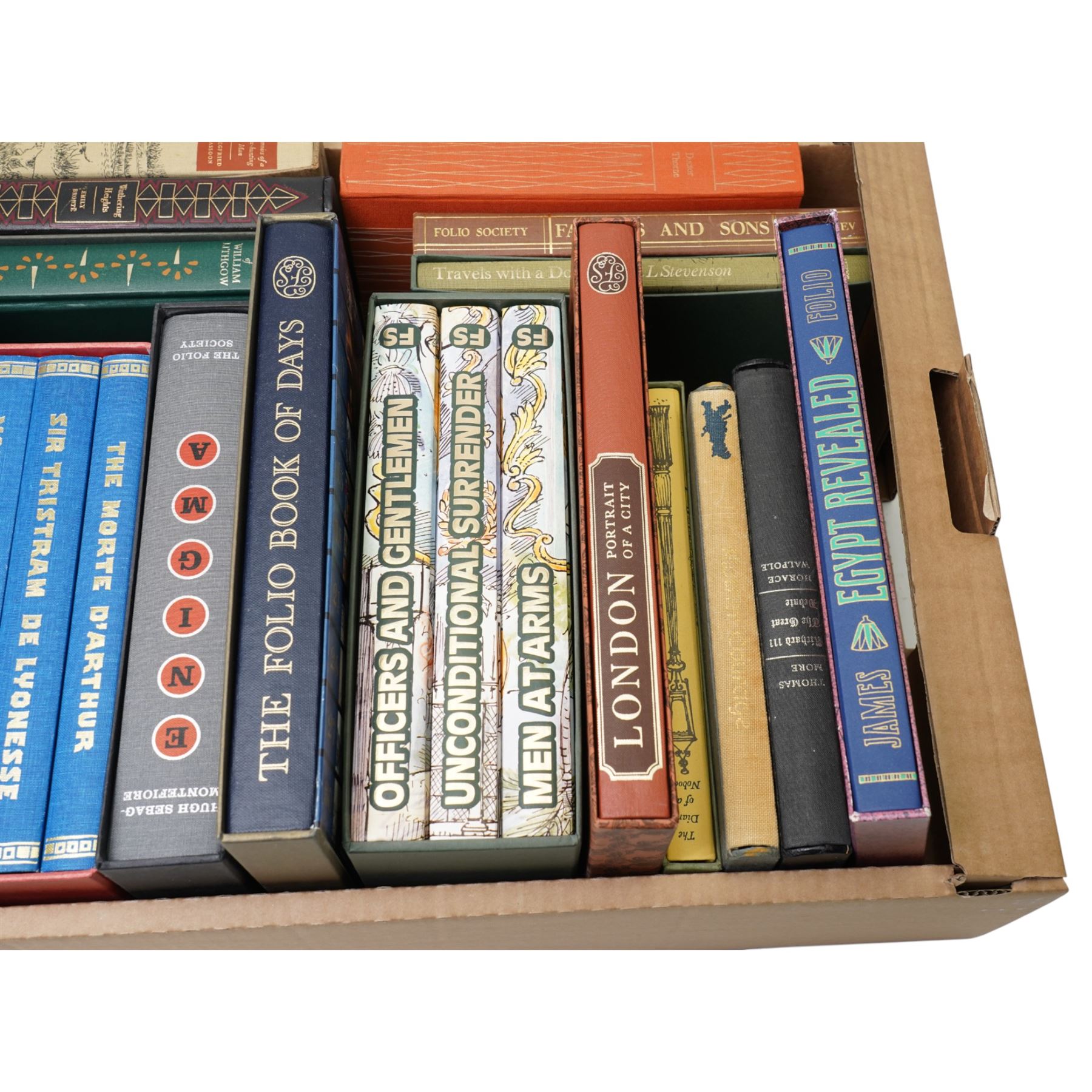 Folio Society volumes including Mallory's 'Chronicles of King Arthur' three volumes, Evelyn Waugh 'Sword of Honour' three volumes, 'The Folio Book of Days' and various others mostly in slip cases