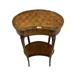 French style walnut parquetry kidney shaped table, fitted with frieze drawer, on cabriole supports united by undertier