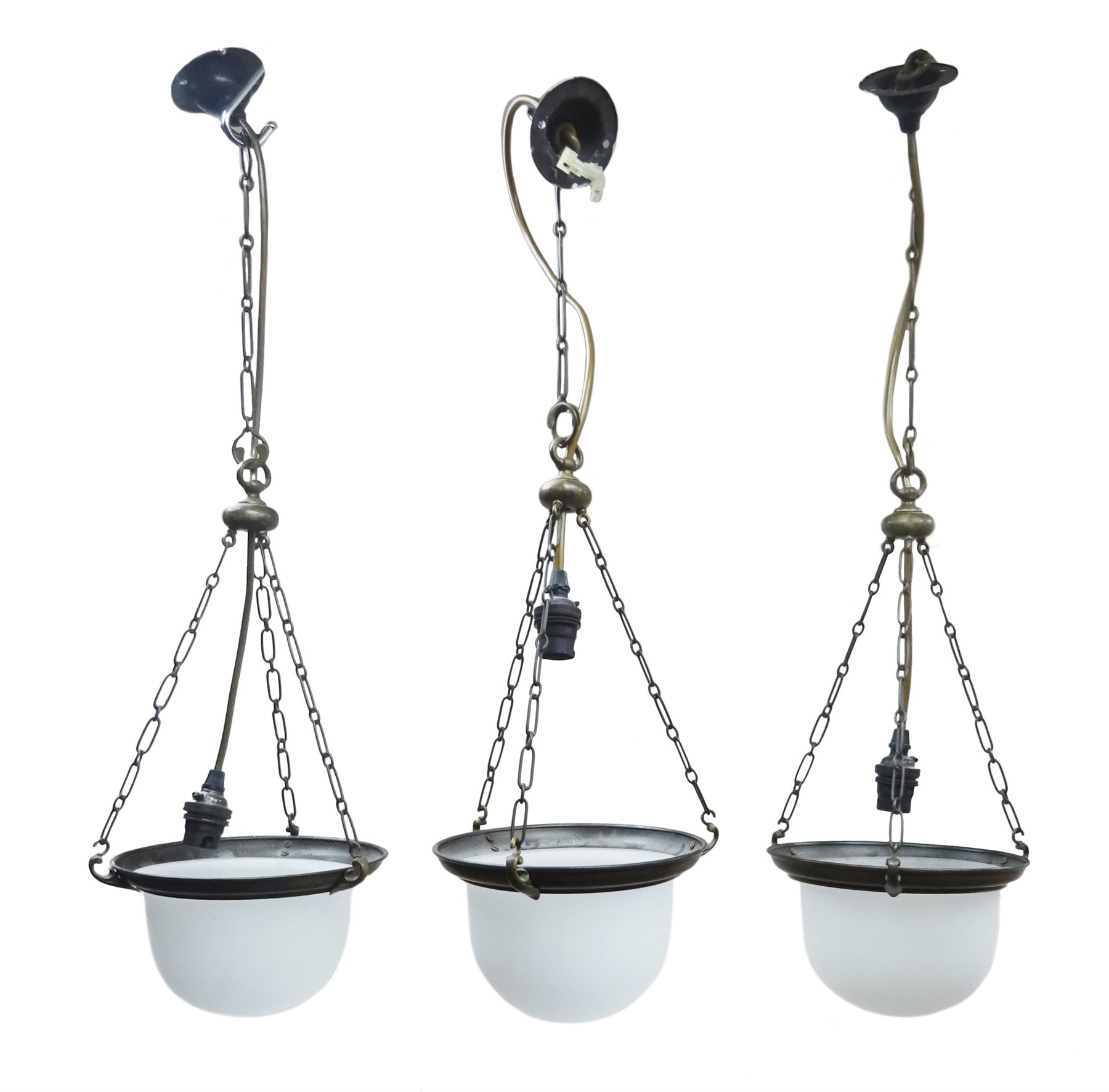 Set of three early 20th century French hanging light fittings, frosted
