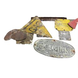 Collection of metal signs, including gas, company names, etc, together with a fire axe and other collectables 