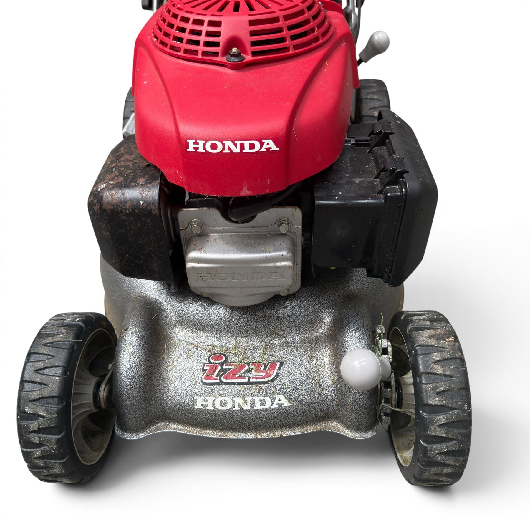 Honda -  GCV160 petrol lawnmower, Izy model, with rear grass collector, grey deck and red engine cover.