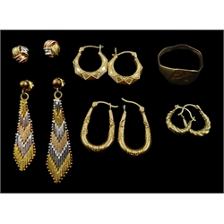  Three pairs 9ct gold hoop earrings and a signet ring 3.8gm and two pairs of gold on silver earrings  