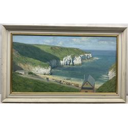 Walter Goodin (British 1907-1992): Panoramic View of 'North Landing Flamborough', oil on board signed, original title label with artist's Bridlington address verso 49cm x 89cm