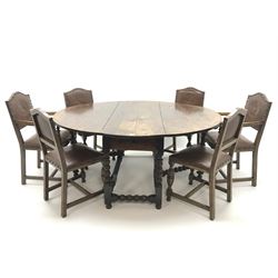 18th century oak drop leaf oval dining table, gate leg bobbin turned supports (W171cm, H76cm, D146cm) and set six (4+2) oak framed dining chairs, leather studded back and seat, cup and cover supports (W55cm)