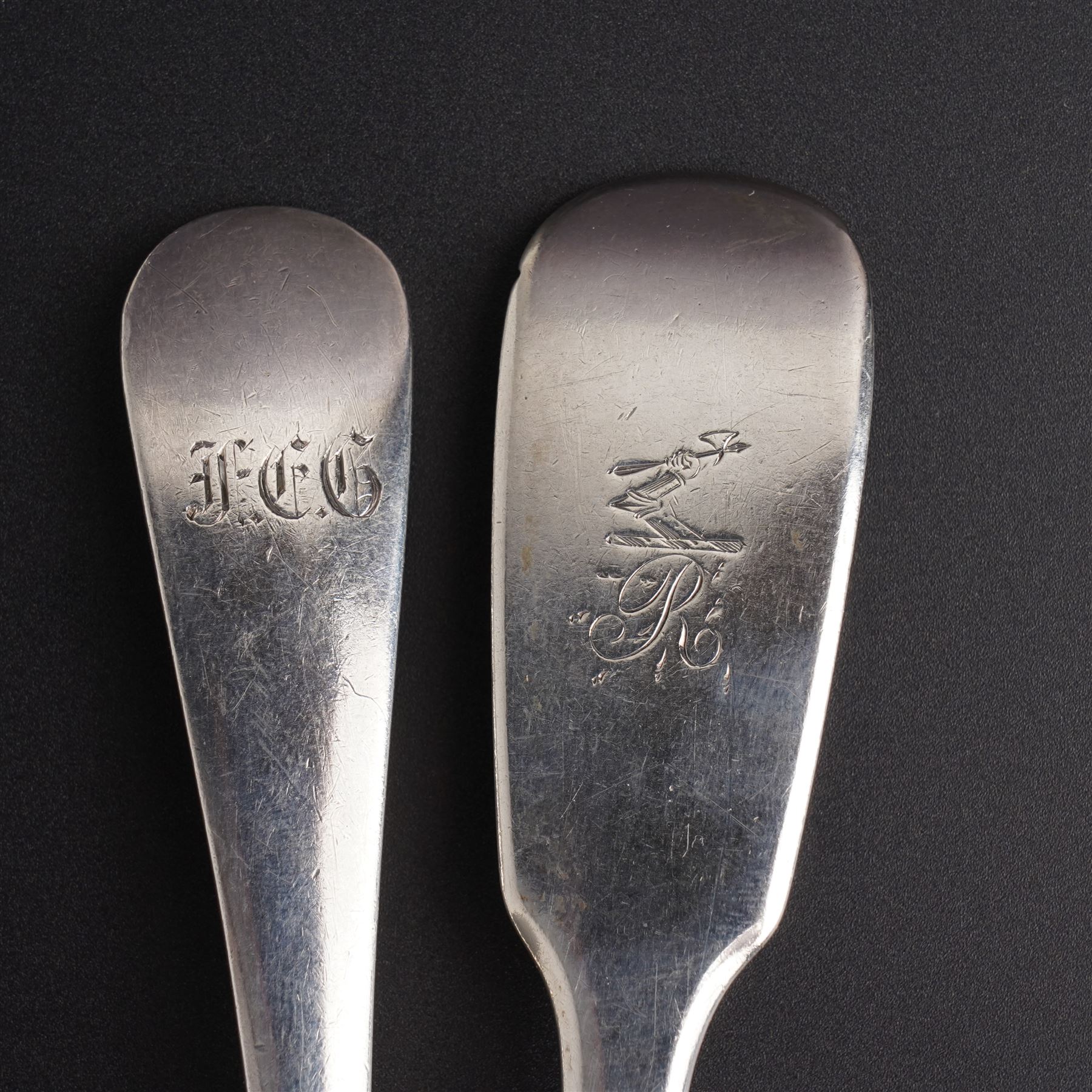 Pair of silver table spoons engraved with initials,  Sheffield 1926 Maker Pinder Bros. George III table spoon London 1803 and three other 19th century table spoons, various dates and makers