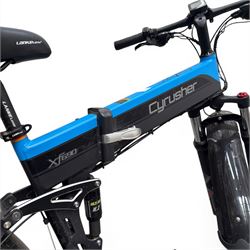 Cyrusher XF690 Plus - electric fat tyre bicycle, 250W model, with suspension forks, disc brakes, rear pannier bag and blue and black finish.